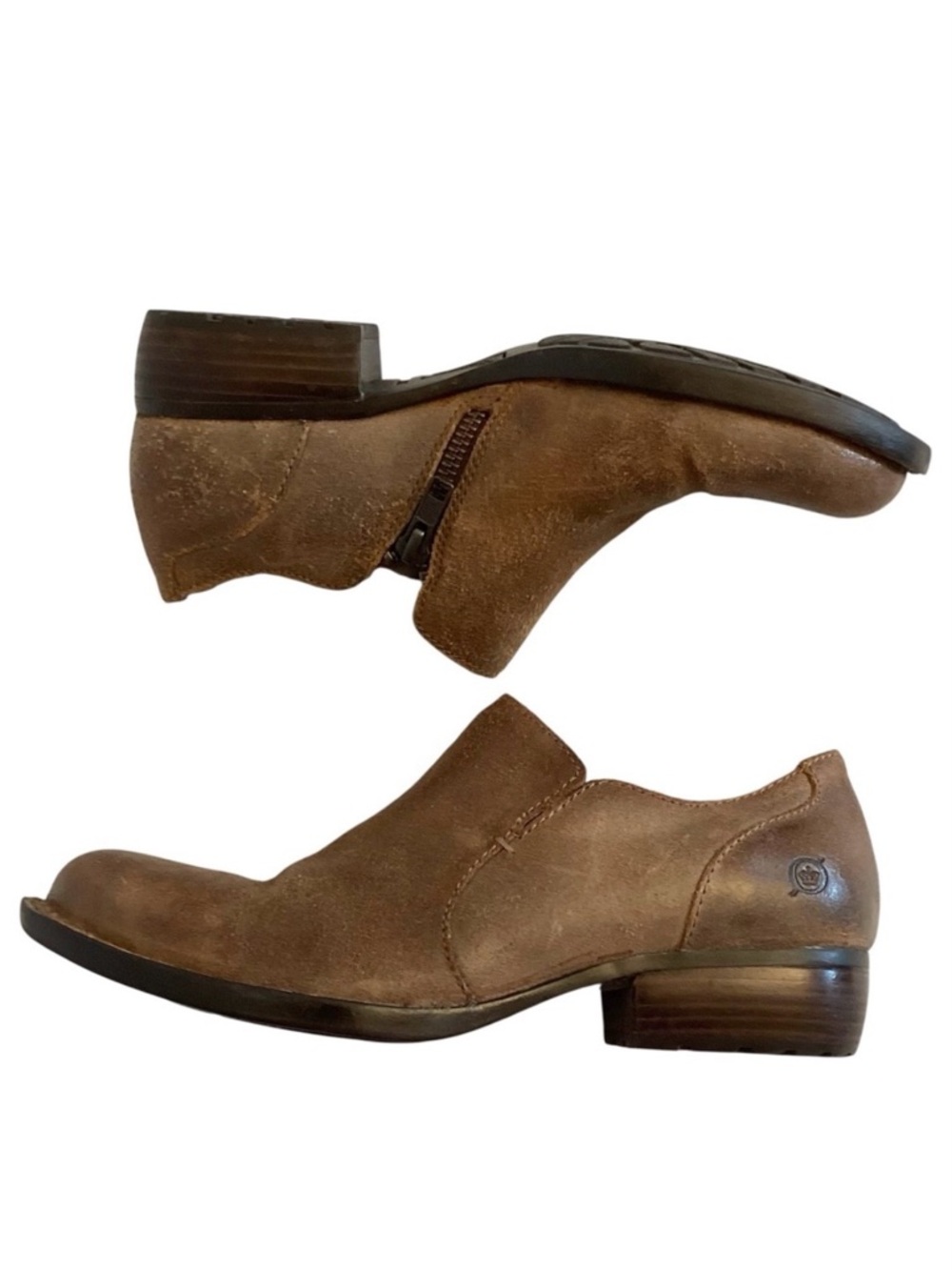 Born 7.5 Leather Women’s Booties Distressed Brown Chunky Stacked Heels Zippers